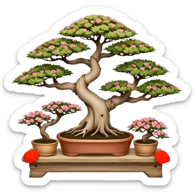 Wide Three tiered bonsai planters stand, shelving nine maple specimens and several smaller azaleas, frame made of one inch thick driftwood sticker
