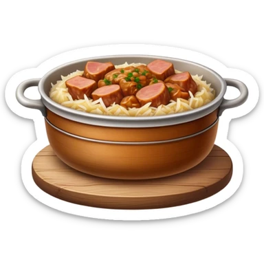Cinematic Realistic Bigos Dish Emoji, showcasing a hearty stew of sauerkraut and meats rendered with rich textures and dynamic, rustic lighting. sticker