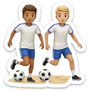 Two boys playing soccer at the beach. sticker