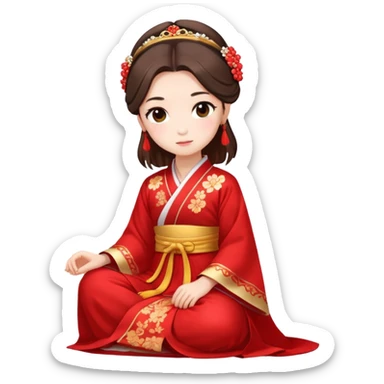 Beautiful girl wearing red Hanfu wedding dress sitting sticker