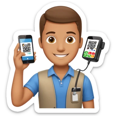 Draw a male tourist who pointed his phone to scan a QR code at a POS terminal for payment. In the style of an Apple emoji sticker