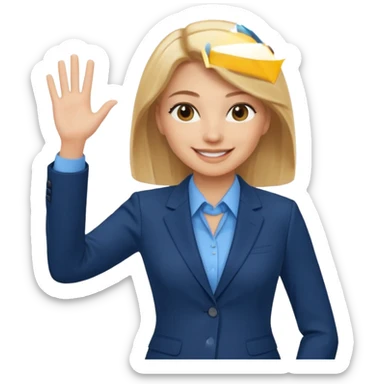 Make emoji of business woman with light skin and medium blonde hair in a dark blue business suit and light blue shirt waiving to new clients sticker