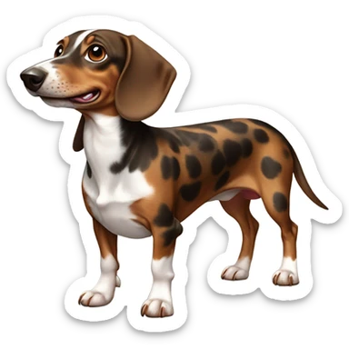 Brown and white spotted dachshund with a snaggle tooth sticker