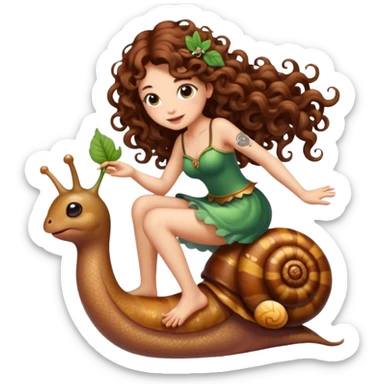 cute fairy woman long curly brown hair tattoos riding tiny snail sticker