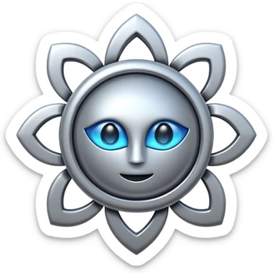 abstract amulet emoji, liquid metal form, symmetrical design, mystical futuristic 3D icon, isolated on white sticker