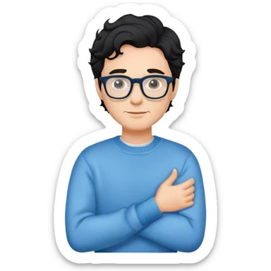 Caucasian man with black wavy hair wearing glasses and a long sleeve blue sweater sticker