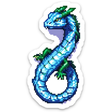 A pixel art basilisk serpent entwined with the Windows 11 blue four-square logo, retro game style, no background. sticker