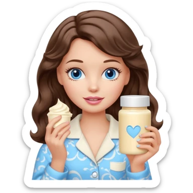 Barbie girl with makeup, blue eyes , and bob long haircut wavy, short brown hair in creamy color pajamas, face cream in hand sticker