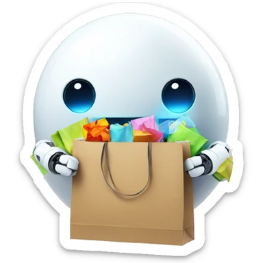 cute white floating spherical happy robot with floating shopping bags cool sticker