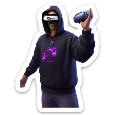 Big Lebowski wearing a black hoodie with "OMG" letters on it and VR headset oculus quest 2 in a cyberpunk VR environment with violet neon lighting. Showing direction with hand sticker