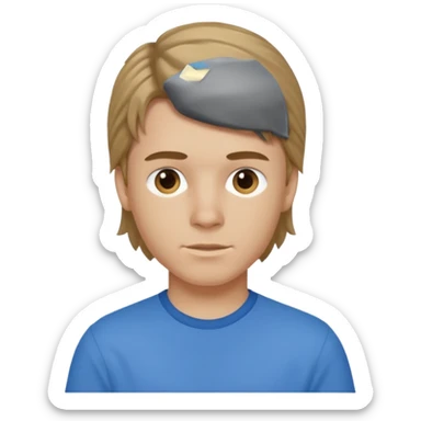 boy with dark blonde hair in a mullet with a neat blue shirt (blouse) sticker