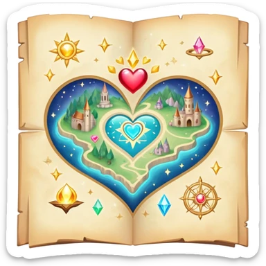 Enchanted floating folded map surrounded by magical sparkles and heart-shaped auras, mystical love journey map sticker