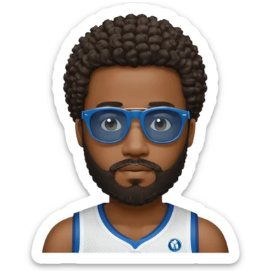 Black man with black sunglasses and curly short
 hair with a full beard and sideburns in a Dallas mavericks jersey sticker