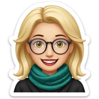 Emoji estilo WhatsApp de una mujer sonriente con rostro ovalado, piel clara, ojos grandes y oscuros, cejas gruesas arqueadas, gafas grandes redondeadas, rizos voluminosos oscuros, bufanda colorida y expresión tierna. Colores limpios, contornos suaves y fondo transparente. sticker