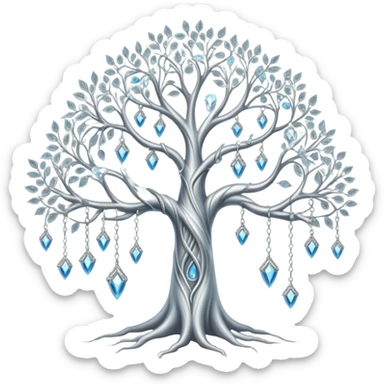 Spiritual magical ethereal silver tree with crystals hanging in it sticker
