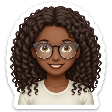 aesthetic white girl with dark brown, long curly hair, she wears an offwhite top and wears square glasses and her eyes are black sticker