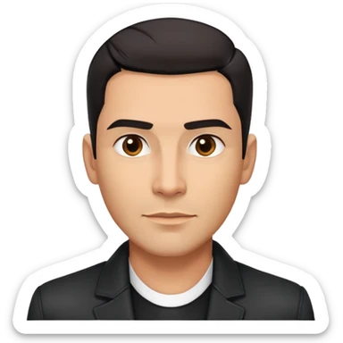 Attractive Hispanic TV host in his early 40s with light brown skin, short straight black hair slicked back with fade on sides, square handsome face with strong jawline, friendly approachable expression, wearing black jacket with white buttoned shirt underneath sticker
