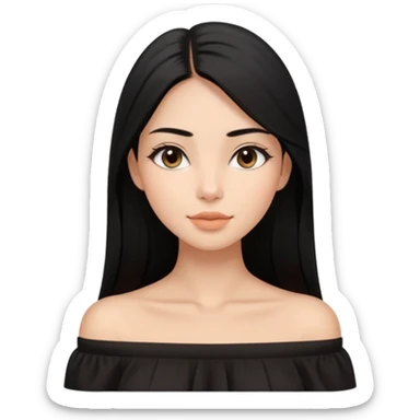 A realistic 3D avatar of a young woman with a soft oval face, slim cheeks, natural almond eyes, long straight black hair, minimal makeup, wearing a black off-shoulder top, elegant and aesthetic, tanned skintone. sticker