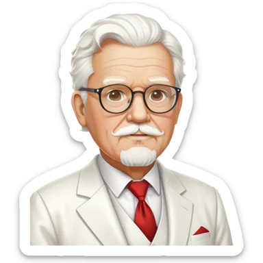 Colonel Sanders, old white man with square glasses, white goatee beard, white suit, KFC founder sticker