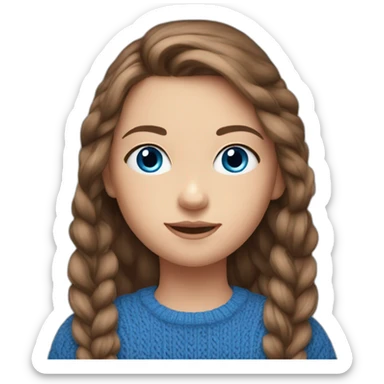 Girl 10 years old. Long brown hair. blue knitted sports sweater, big blue eyes. sticker