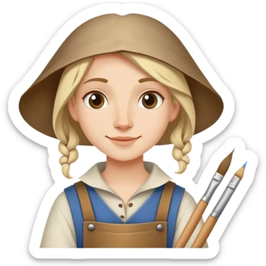 happy apprentice painter with rolled up drawing, medieval age sticker