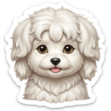 Cinematic Cute Wavy-Haired Maltese dog Portrait Emoji, Head tilted playfully and inquisitively, featuring a luxurious, wavy-haired white coat with a healthy sheen, round, sparkling dark eyes filled with curiosity, Simplified yet irresistibly adorable features, highly detailed, glowing with a warm, friendly glow, high shine, affectionate and lively, stylized with a touch of whimsy, bright and endearing, soft glowing outline, capturing the essence of a mischievous yet loving companion, so playful it feels like it could scamper out of the screen and into your arms! sticker