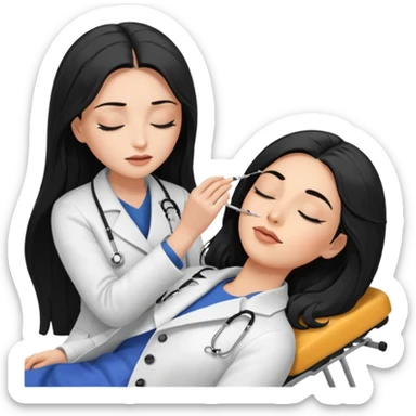 mulher branca cabelo longo e preto aplicando cilios em outra mulher que esta deitada em uma maca de olhos fechados sticker