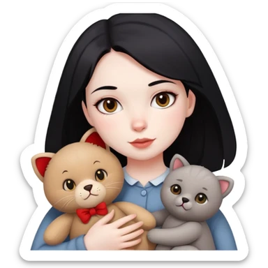 A girl with drak eyes, red cheeks, black hair with a white face, holding a British gray cat and a brown teddy bear sticker