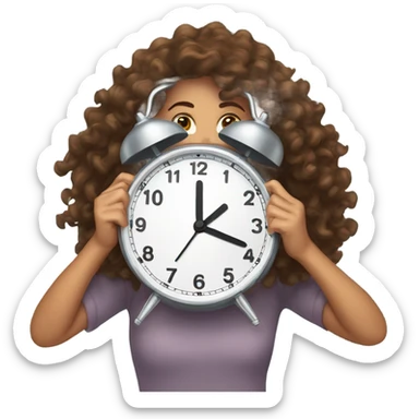 Brown curly hair girl popping out from behind an alarm clock sticker