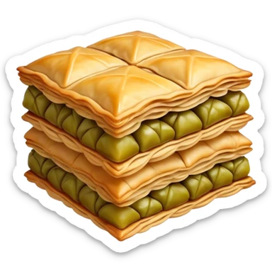 Cinematic Realistic Baklava Dessert Emoji, depicted as layers of flaky pastry with honey and nuts rendered with rich textures and warm, inviting lighting. sticker