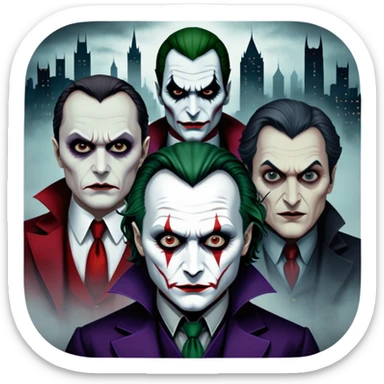 Thriller Movie Icon: A dark, intense collage with close-up images of iconic thriller characters like 1 Joker, 1 Hannibal Lecter, and 1 Vlad Dracula. The background features a moody Gotham City skyline, with shadowy figures and fog. Atmospheric, suspenseful tone. Transparent background. sticker