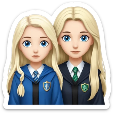 a pretty ravenclaw girl with long dark brown hair and blue eyes standing with a pretty Slytherin girl with long blonde hair, blue eyes sticker