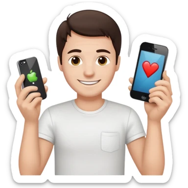 make a white guy with dark brown hair repairing an iphone happy, with a simple white o grey shirt sticker