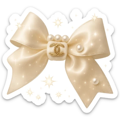 Add a solid white background behind the elegant bow with pearls and gold Chanel logo, sparkling effects, glossy, soft lighting, realistic style. sticker