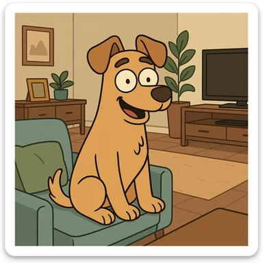 a dog in a modern living room, flat toon style sticker