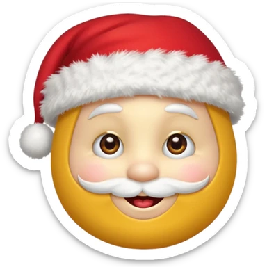A yellow small smiling face wearing a red Santa hat with a pompom, rosy cheeks and twinkling eyes, conveying a warm, festive vibe. It should be a trolling smile. Like kappa. sticker