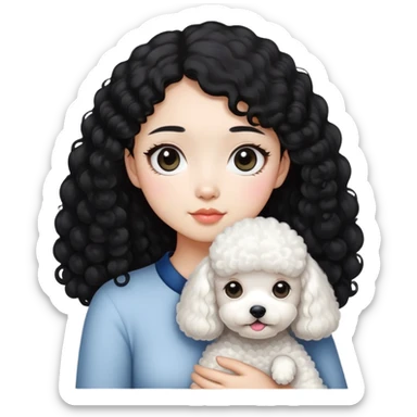 Asian girl with slim body, small face, big eyes, slightly curly black hair is holding a slightly fat white poodle sticker