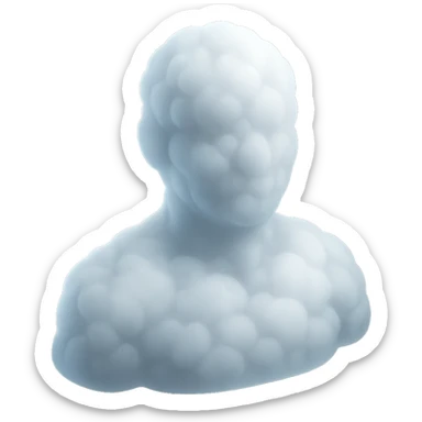 person looking straight ahead, composed entirely of white fluffy convex clouds, shoulders visible, matte glass style sticker