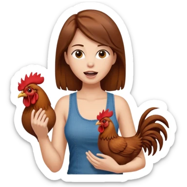 Kneeling Brown hair enormous boobs Woman open mouth tank top, wearing jeans touching one rooster sticker