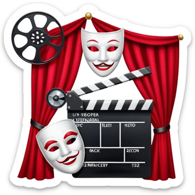 Icon for Acting in Theatre and cinema: a stage with curtains, a theater mask, a film camera and a clapperboard. The design should represent theatrical performance and acting techniques. Transparent background. sticker