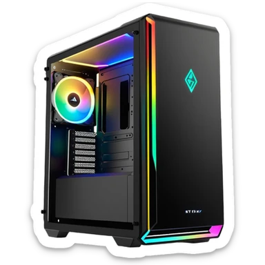 gaming PC modern desktop tower with RGB lights and side window sticker