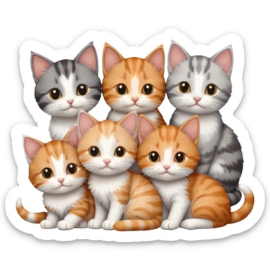 6 tiny kittens cuddling together all various different natural colours including grey and white, ginger and white, calico, grey, and brown tabby and white sticker