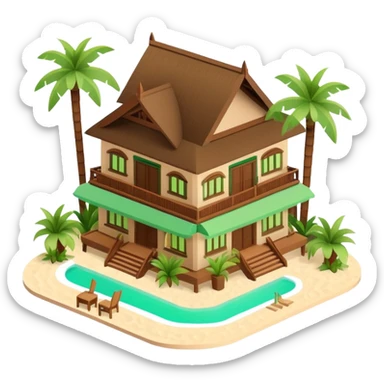 Isometric exterior brown and beige and green luxury polynesian beach resort restaurant, dollhouse style 3D realistic  sticker