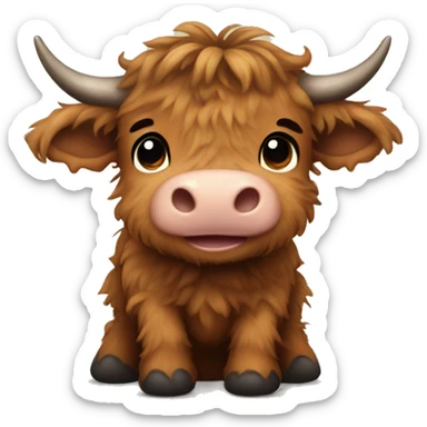 brown fluffy baby scottish cow with a spiderweb between horns sticker