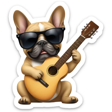 A French bulldog playing an acoustic guitar with dark sunglasses on sticker