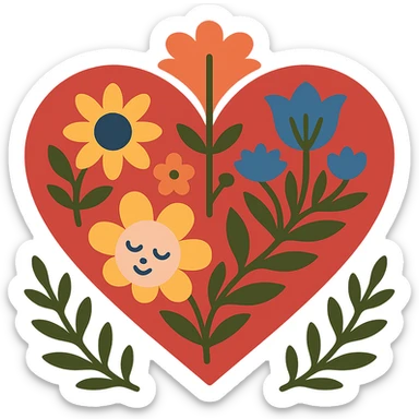Red heart with Slavic folk art, bold nature motif, geometric flowers and leaves, inspired by Polish Wycinanki paper cut designs, with transparent background. sticker