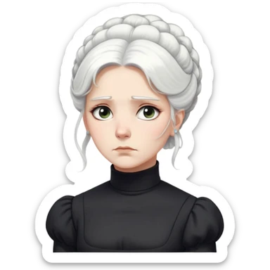 A Victorian woman with simple yet elegant coiffed white hair and light eyes wearing a simple monochrome black turtleneck mourning dress with puffed sleeves looking down with a forlorn, miserable expression sticker