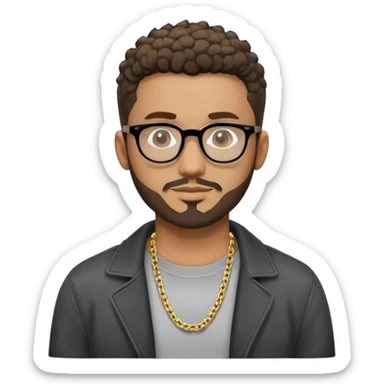 Hombre latino piel marron claro, cara estirada ovalada, gafas redondas oscuras, barba corta, pelo muy corto fade a los lados medio risado. Sonrisa leve, expresión tranquila. Camiseta gris, jacket negro abierto, collar G dorado sticker