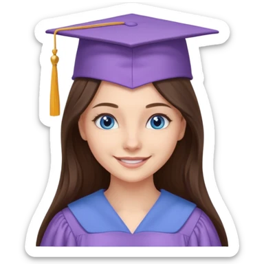 young brunette girl long hair, blue eyes and lilac gown and cap university graduate sticker
