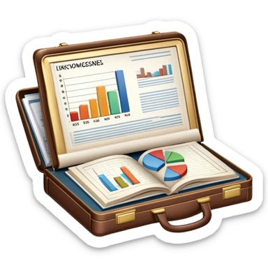 Icon for Business Reading: an open book with a chart and graphs emerging from the pages, surrounded by a briefcase, a laptop, and a pen. The icon should represent the knowledge and strategies found in business literature. Transparent background. sticker